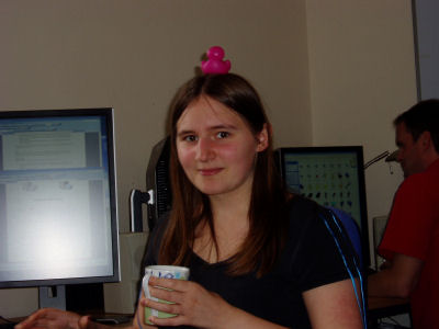 Kerry with a duck on her head. Kerry with a duck on her head.